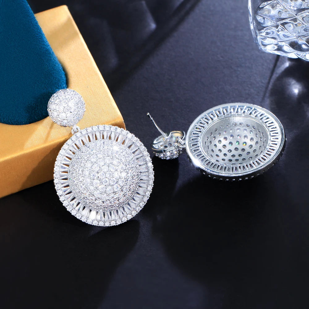 ThreeGraces High Quality Cubic Zirconia Silver Color Luxury Big Geometric Round Dangle Earrings for Women Party Jewelry E1227