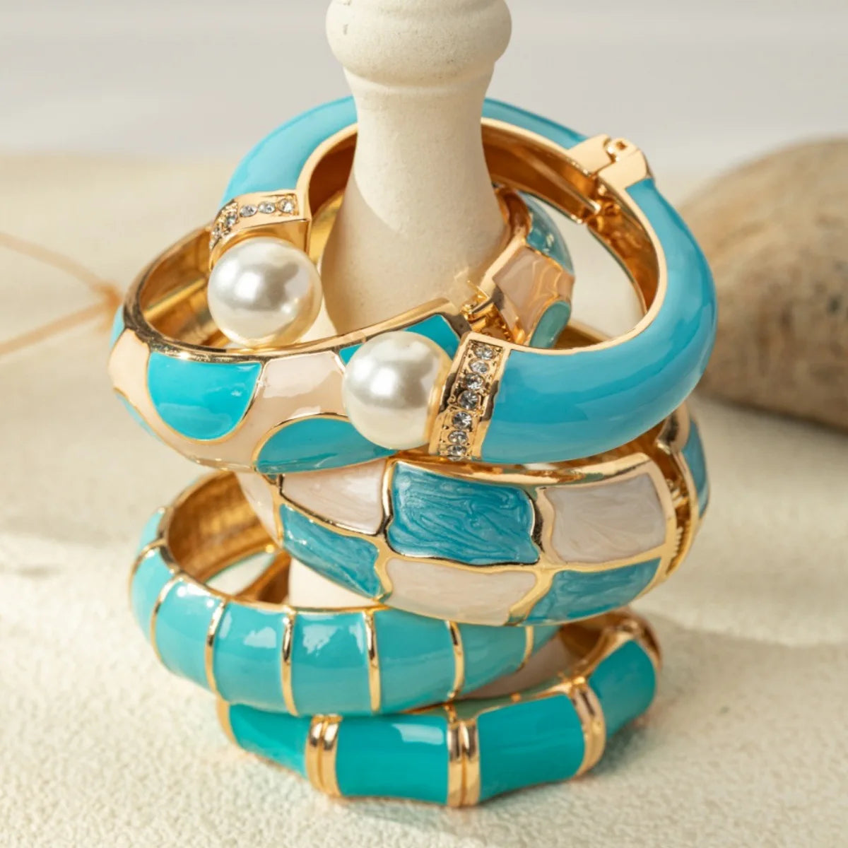 KMVEXO Bohemian Blue Enamel Cuff Bangles Geometric Irregular Gold Color Metal Wide Bracelet For Women Men Punk Pearl Jewelry