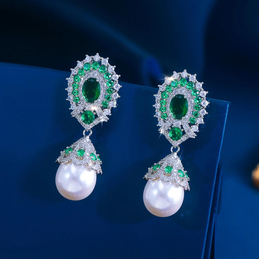 ThreeGraces Luxury Shiny Green White Zirconia Fashion Bridal Wedding Party Big Simulated Pearl Earrings for Women Jewelry E2035