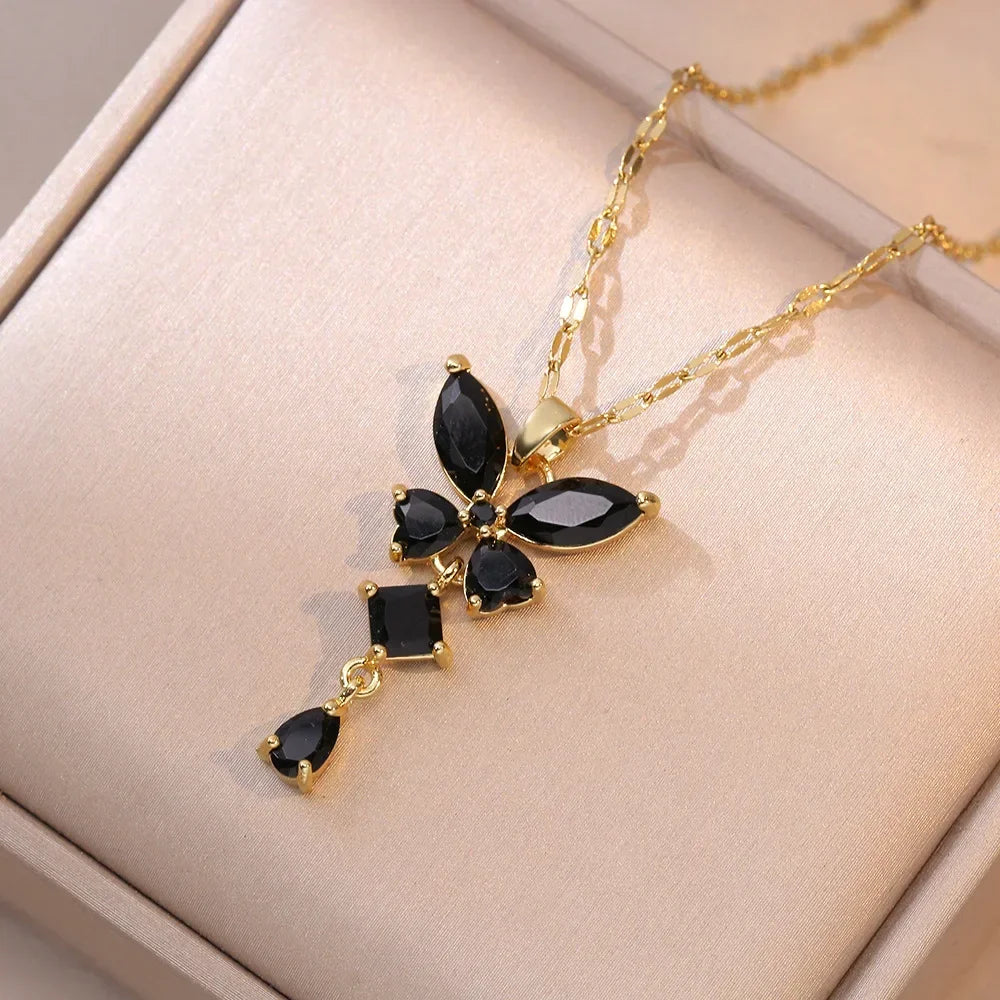 Exquisite Micro Inlaid Zircon Butterfly Tassel Necklace For Women Stainless Steel Moon Butterfly Flower Clavicle Choker Jewelry