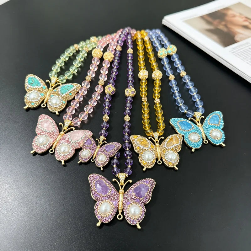 Natrual Freshwater Pearl Citrine Turquoise Crystal Quartz Necklace for Women Fashion Butterfly Beaded Chain Wedding Jewelry