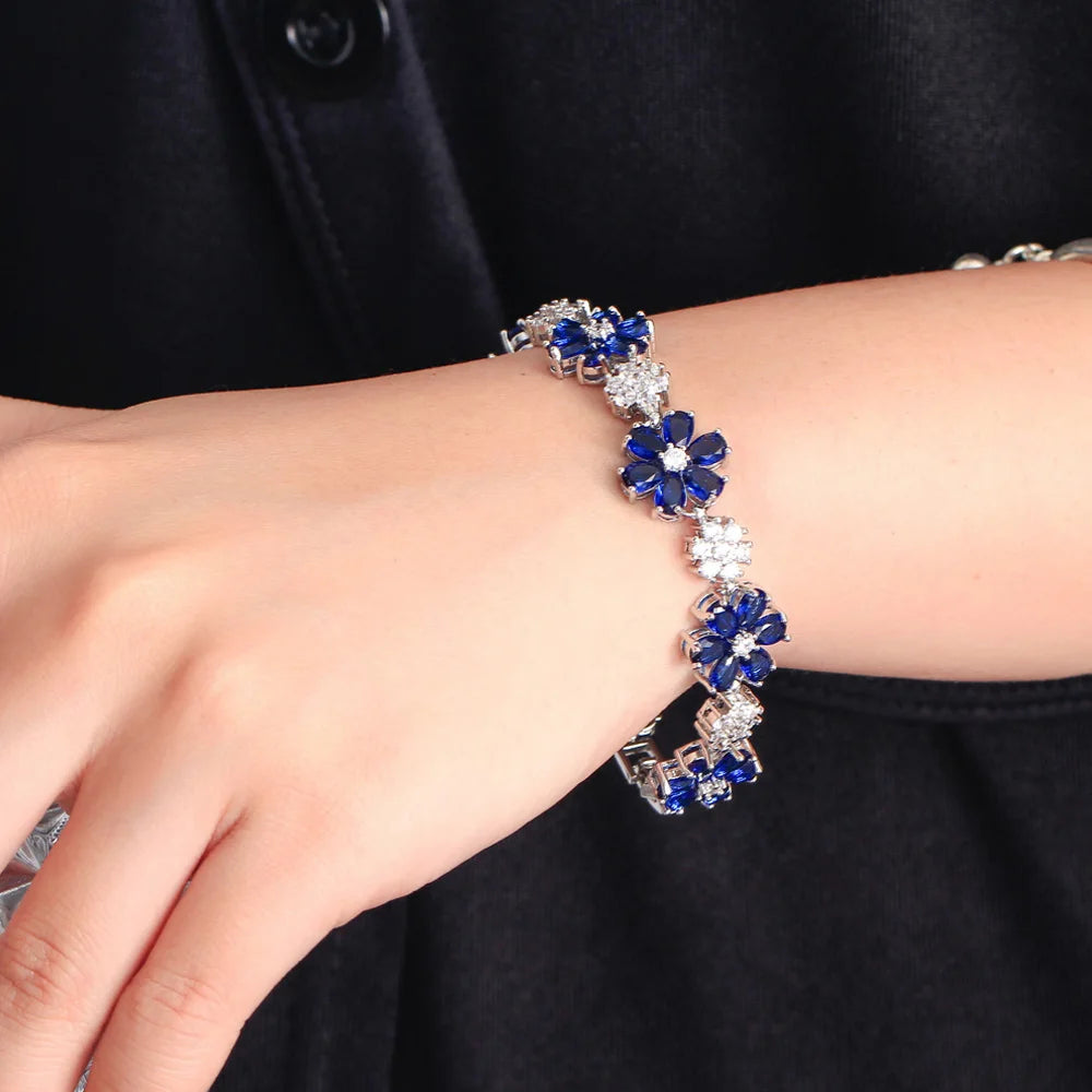 ThreeGraces High Quality Green Cubic Zirconia Gold Color Flower Link Chain Bracelet for Women Fashion Dubai Party Jewelry BR294