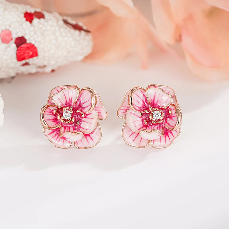 Huitan Aesthetic Women Stud Earrings Pink Flower Shaped Party Daily Lady Accessories Wedding Elegant Trendy Jewelry with CZ