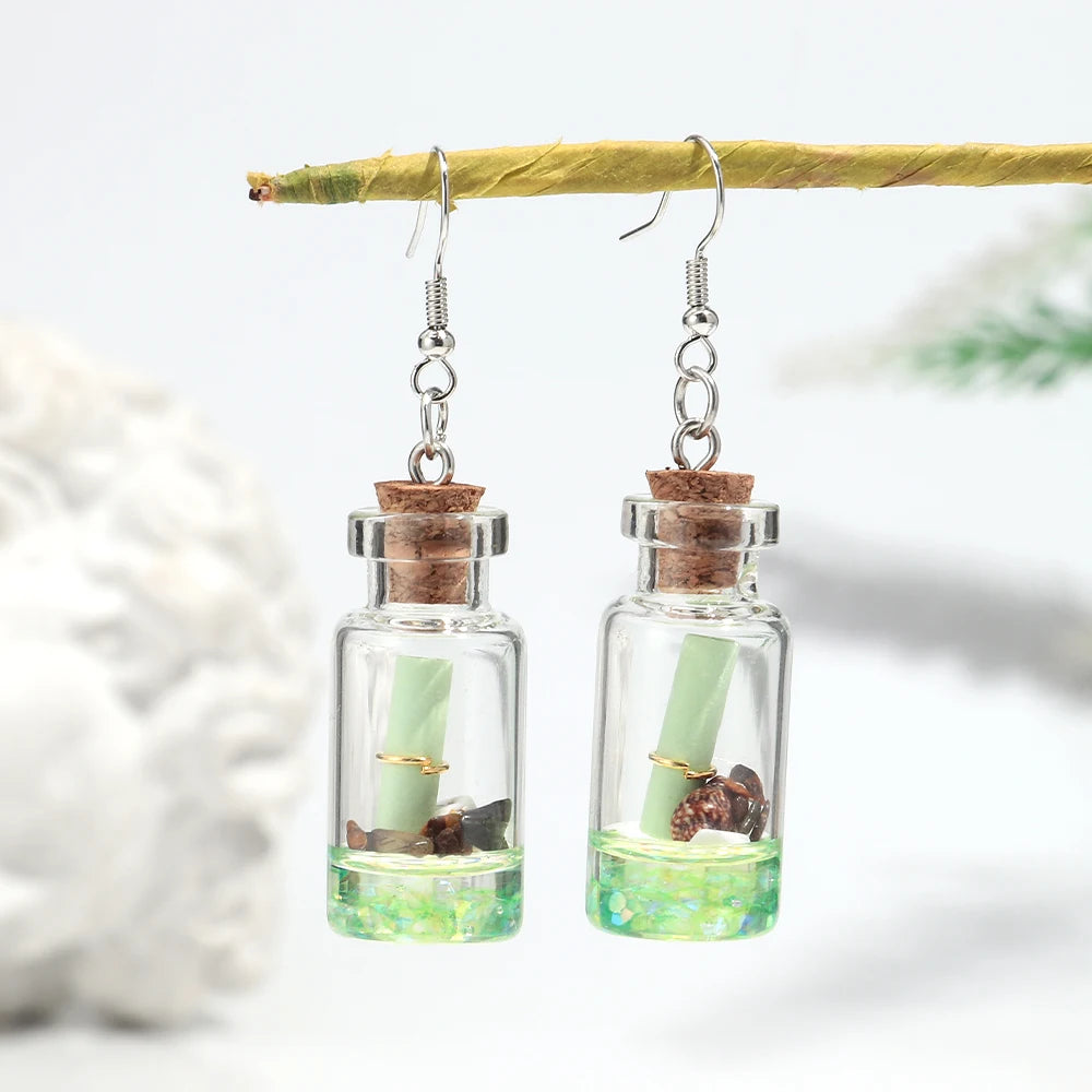 Creative Transparent Glass Drift Bottle Drop Earrings Cute Marine Animals Wish Bottle Dangle Earring Handmade Jewelry Gifts