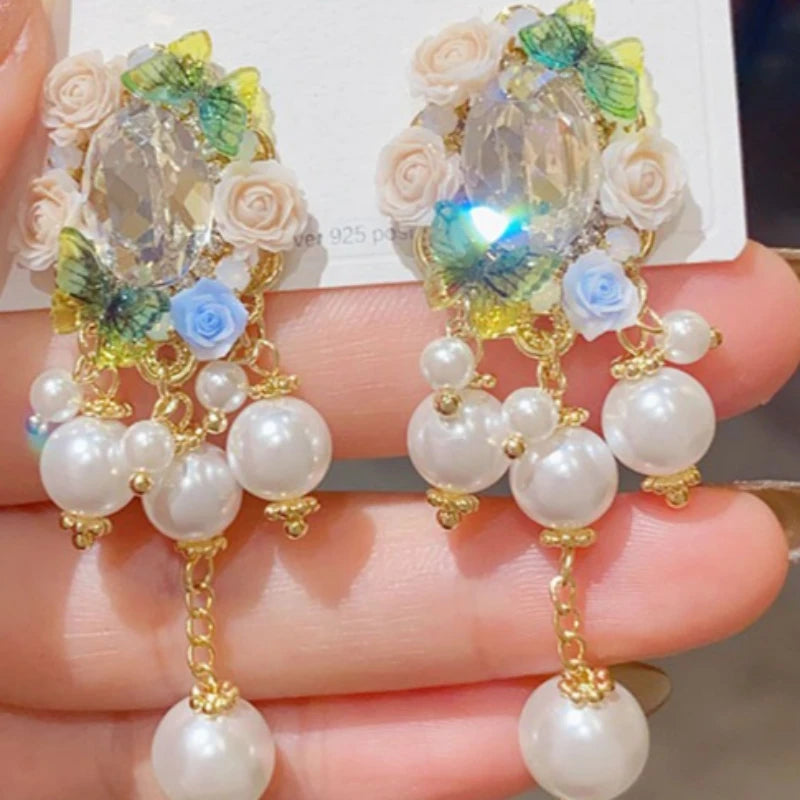 Handmade Petal Long Tassel Drop Earrings for Women Elegant Luxury Retro Flower Ear Studs Niche Design Wedding Party Jewelry Gift