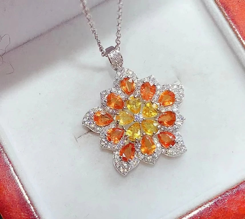 Adorable Natural Yellow Sapphire and Fanta Pendant 925 Silver Gemstone Necklace Pendant with 18K Gold Plated Silver Necklace