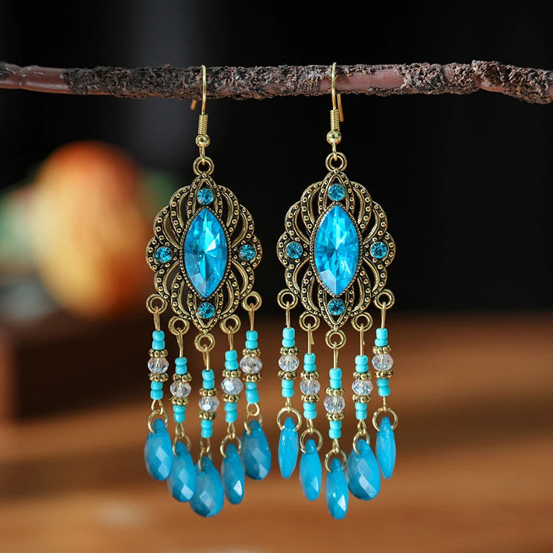 New Bohemian Ethnic Colorful Water Drop Tassel Earrings for Women Long Hollow Antique Gold Color Dangle Earring Pendientes Mujer