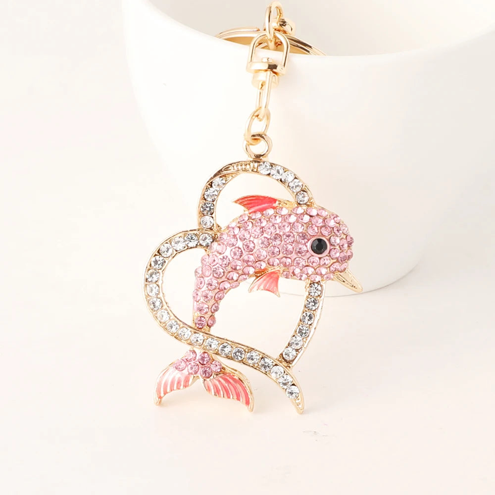 Dolphin Love Key Chain Women's Luxury Bag Pendant Crystal Rhinestone Key Ring Marine Animal Gift for Family Girlfriend