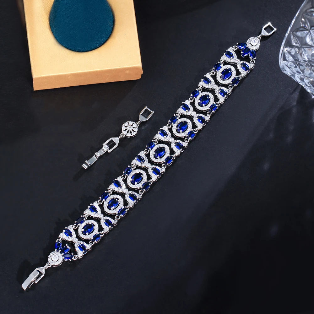 ThreeGraces High Quality Light Blue Cubic Zirconia Silver Color Elegant Link Chain Bridal Bracelet for Women Party Jewelry BR310