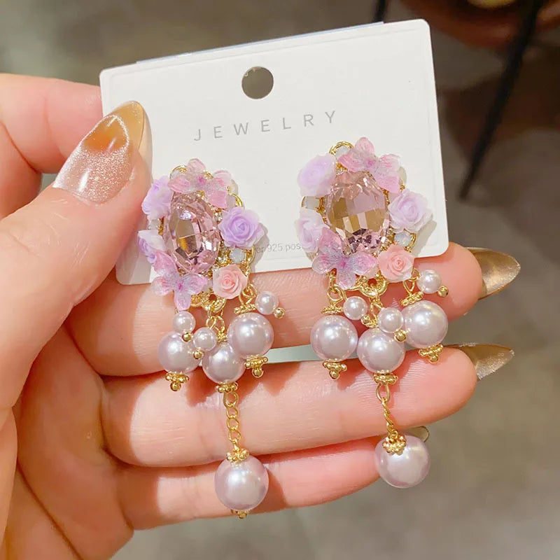 Handmade Petal Long Tassel Drop Earrings for Women Elegant Luxury Retro Flower Ear Studs Niche Design Wedding Party Jewelry Gift