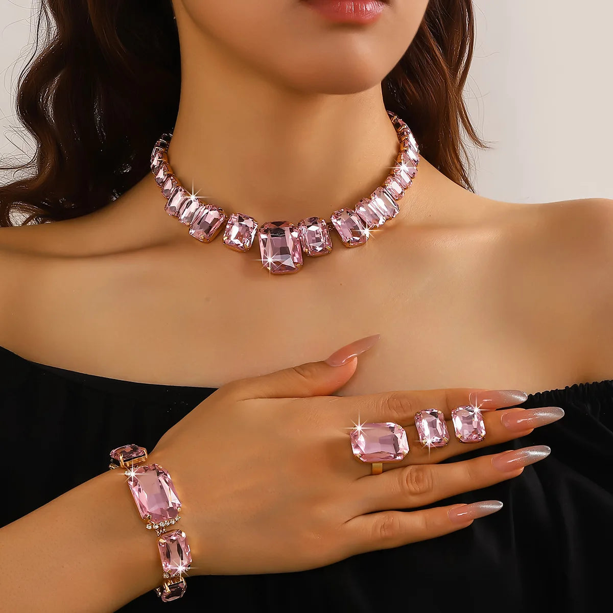 FYUAN Red Champagne Green Rectangle Geometric Necklace Earrings Bracelet Crystal Earrings for Women Wedding Jewelry Sets