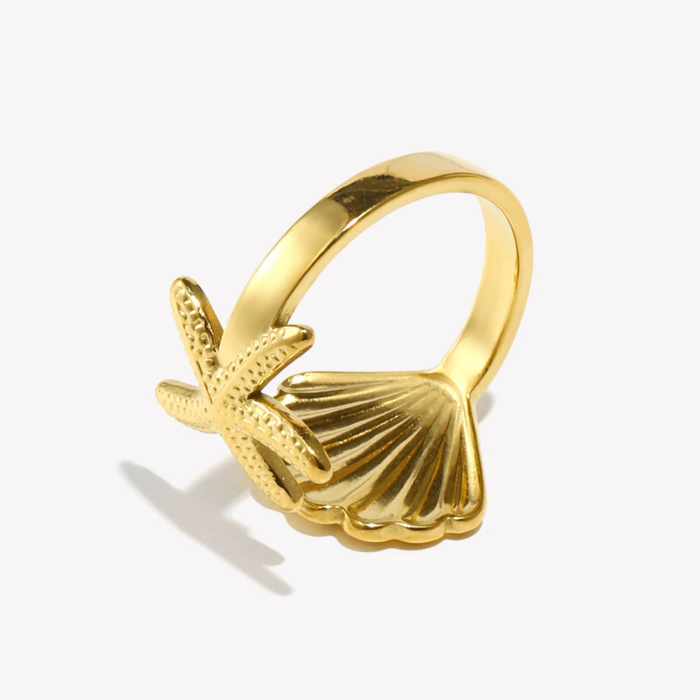 E.B.belle Personality Shell Starfish Opening Rings for Women New Fashion 316L Stainless Steel  PVD Plating Jewelry Decoration