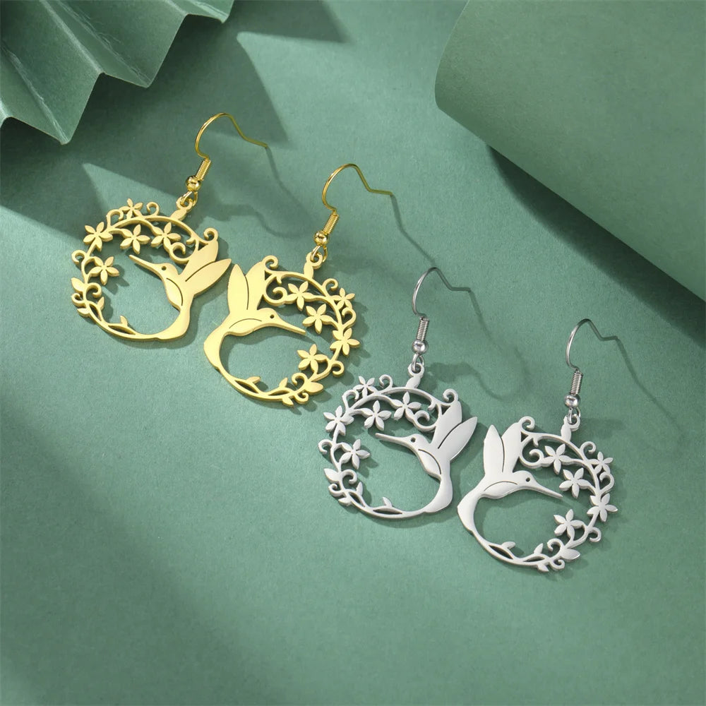 My Shape Hummingbird Earrings for Women Stainless Steel Flowers Birds Dangle Earrings Filigree Boho Fashion Jewelry  Gifts