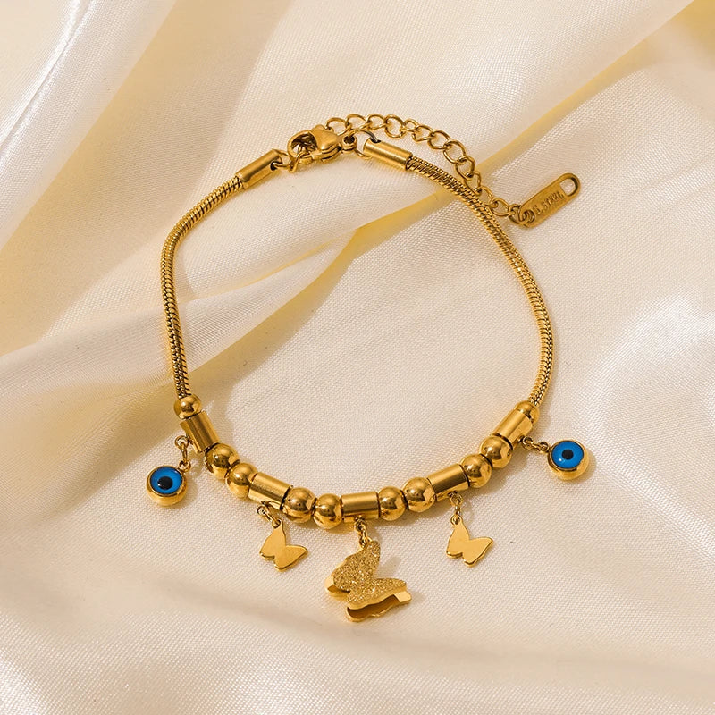 EILIECK 316L Stainless Steel Water Drop Zircon Butterfly Hexagram Charm Bracelet For Women Trend Fashion Gold Color Jewelry Gift