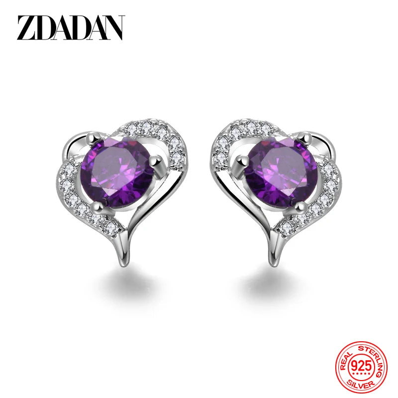 ZDADAN 925 Sterling Silver Heart Amethyst Earring For Women Fashion Jewelry Accessories