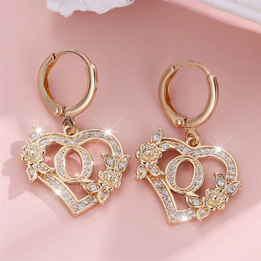 Female A-Z 26 Letter Heart Flower Hoop Earrings Yellow Gold Color White Zircon Wedding Jewelry For Women