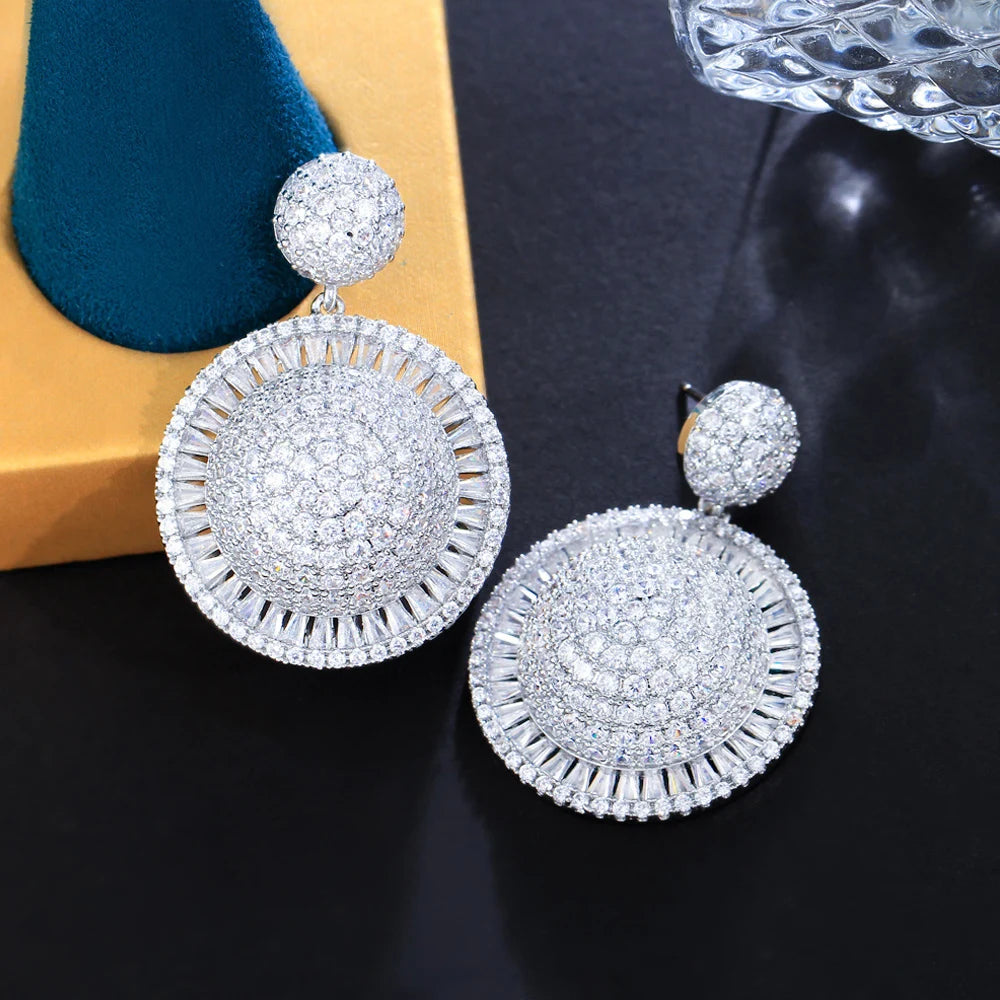 ThreeGraces High Quality Cubic Zirconia Silver Color Luxury Big Geometric Round Dangle Earrings for Women Party Jewelry E1227