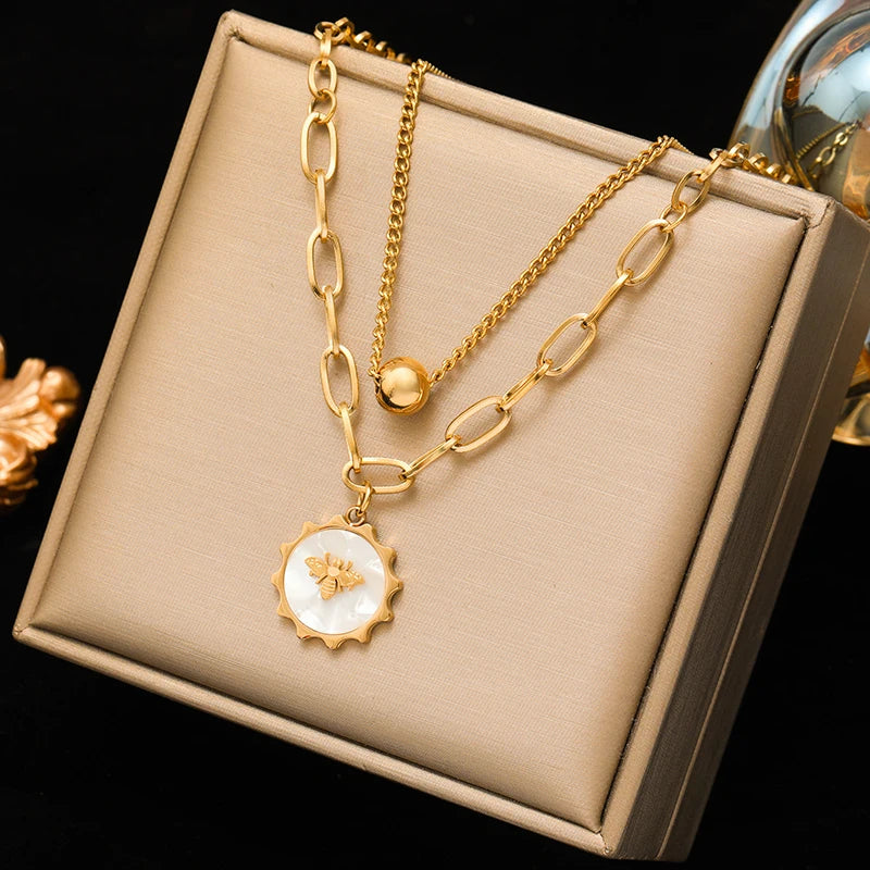 EILIECK 316L Stainless Steel Metal Geometric Heart Pendant Necklace For Women Gold Color Multilayer Neck Chain Jewelry Lady Gift