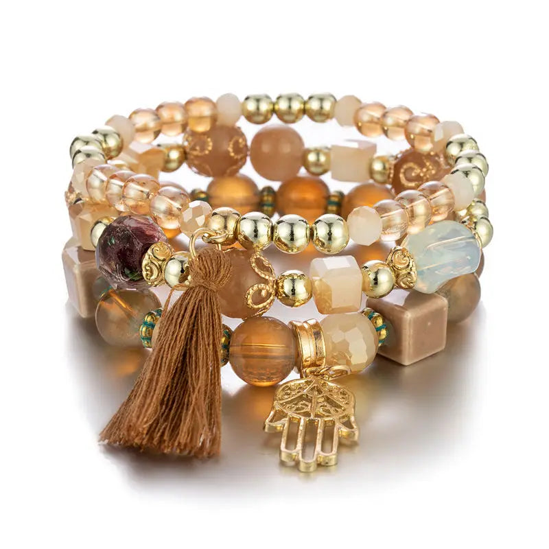 3Pcs/set Boho Fatima Hand Charm Bracelets Set For Women Tassel Colorful Beads Chain Bangle Girls Bohemian Jewelry Accessories