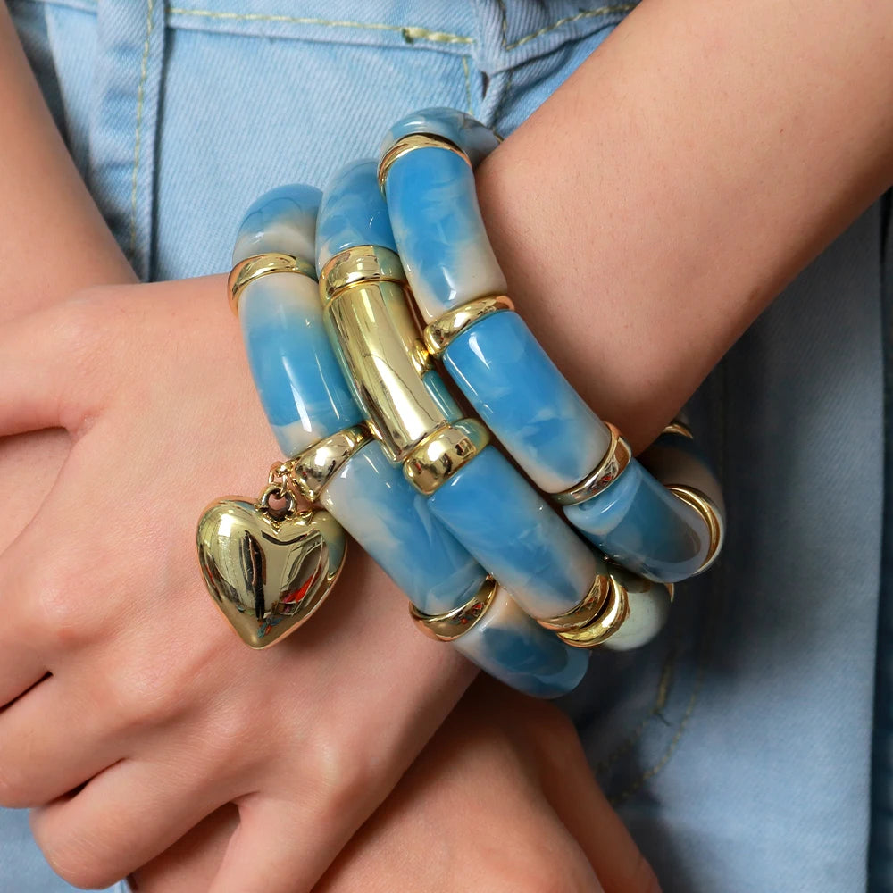 New Acrylic Thick Tube Bead Bracelets Set Fashion Geometric Bamboo Beaded Bangle Bracelets Jewelry Gifts Accessory