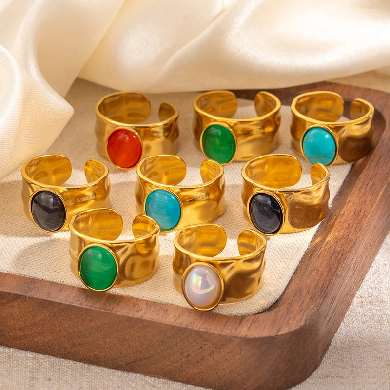 ANENJERY 316L Stainless Steel Colorful Stone Wide Smooth Open Ring for Women Men Elegant Noble Jewelry Gifts Wholesale