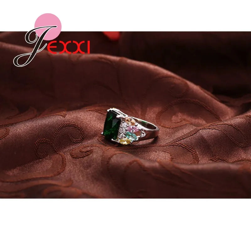 Hot Sale Bands Jewelry Ring Green Austrian Crystal Fashion 925 Sterling Silver Color Wedding Engagement Rings For Women Bague