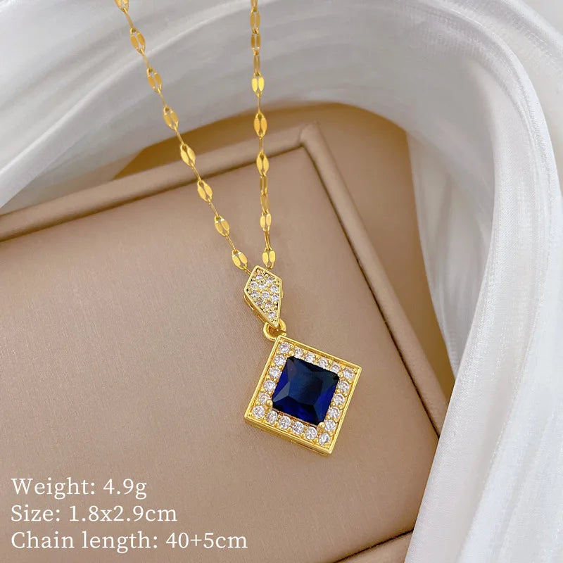 Korean Style Fashion Square Zircon Stainless Steel Necklaces For Women Luxury Elegant Female Clavicle Chain Jewelry Wholesale