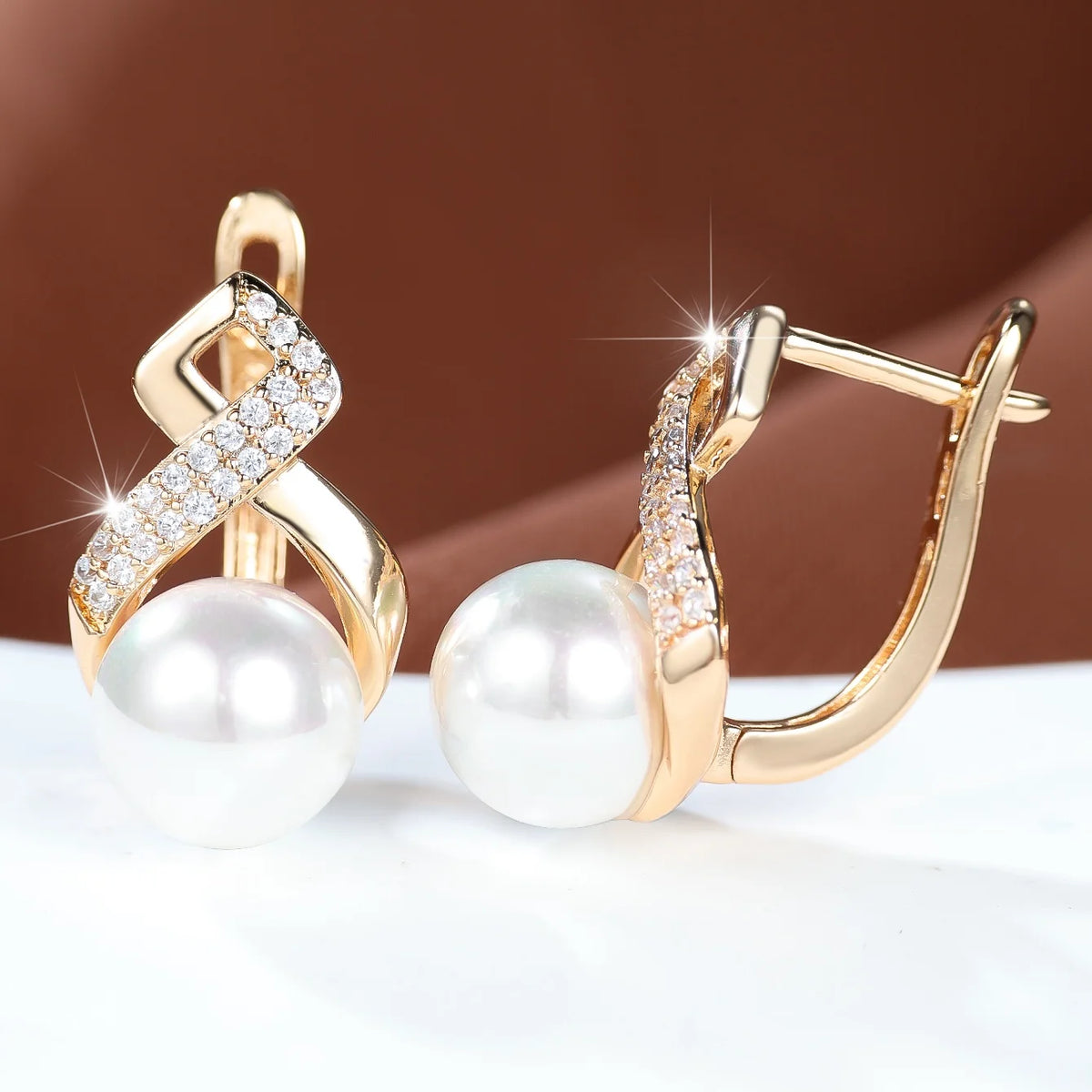 Small Round White Pearl Zircon Fashion Hoop Earrings Charm Female Gold Color Wedding Jewelry For Women