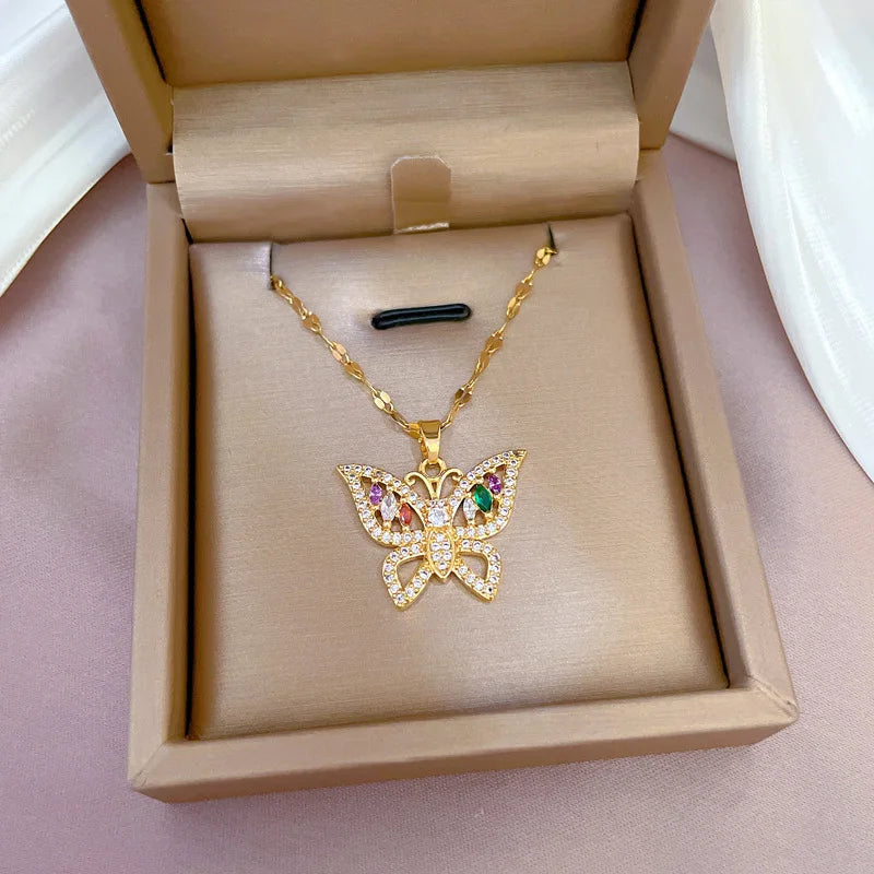 Fashion Design Lucky Butterfly Pendant Female Rhinestone Shining Statement Crystal Charm Choker Necklace for Woman Wedding Gift