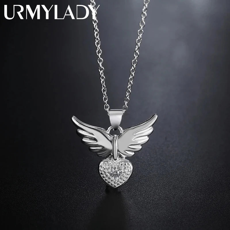 925 Sterling Silver 18 inches Zircon elegant Heart wings Pendant Necklace For Women Fashion Jewelry Christmas Gifts