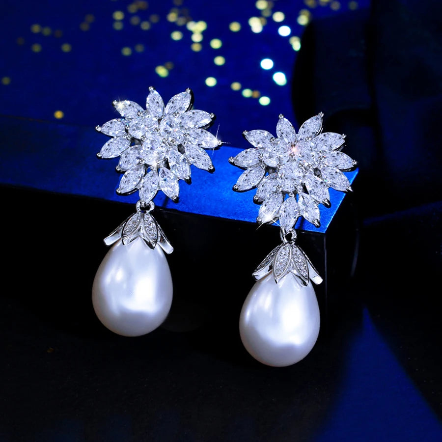 ThreeGraces Elegant Shiny Zirconia Long Big Simulated Pearl Bridal Wedding Engagement Earrings for Women Party Jewelry E1992
