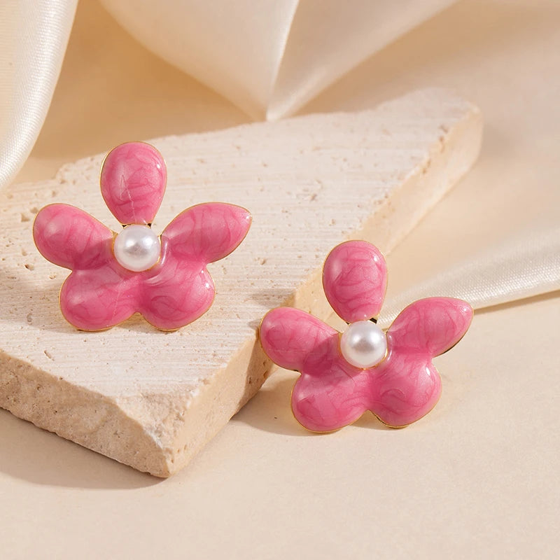ANENJERY 316L Stainless Steel Colorful Enamel Flower Butterfly Earrings For Women French Delicate Elegant Jewelry Birthday Gifts