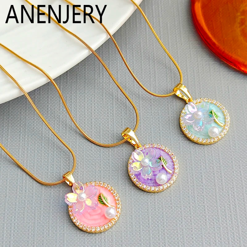 ANENJERY 316L Stainless Steel Pink Blue Round Card Flower Necklace For Women Glamorous French Lady Jewelry Gifts Wholesale