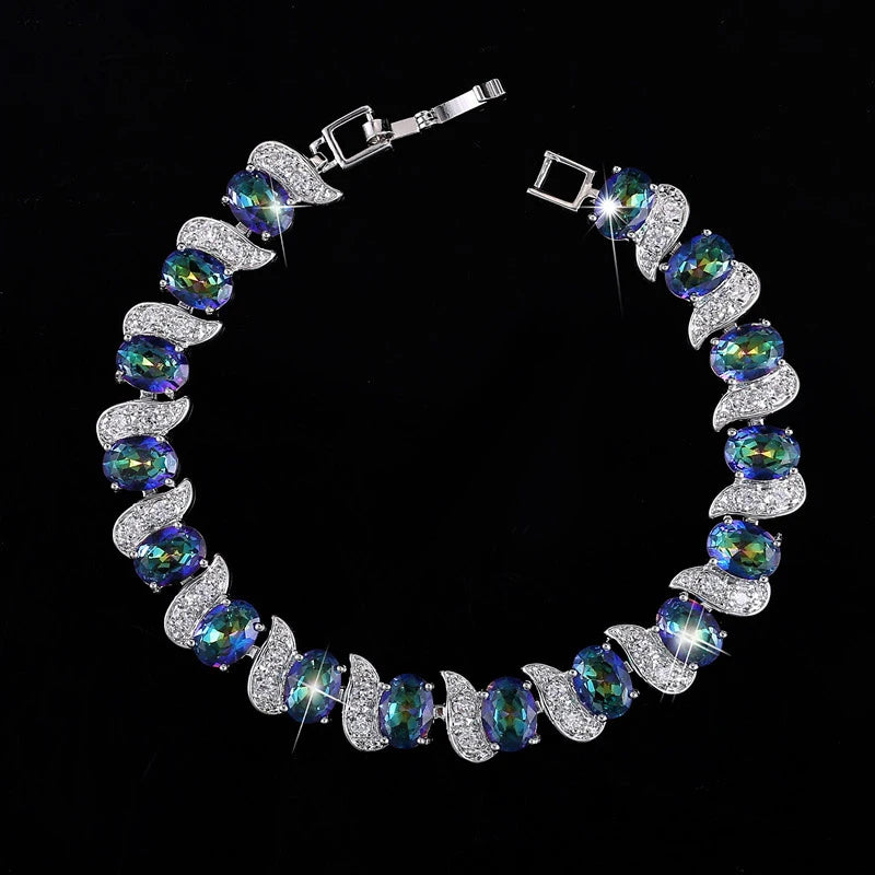 ThreeGraces Mystic Blue Cubic Zirconia Crystal Geometric Oval CZ Link Chain Bracelet for Women Fashion Party Jewelry BR364