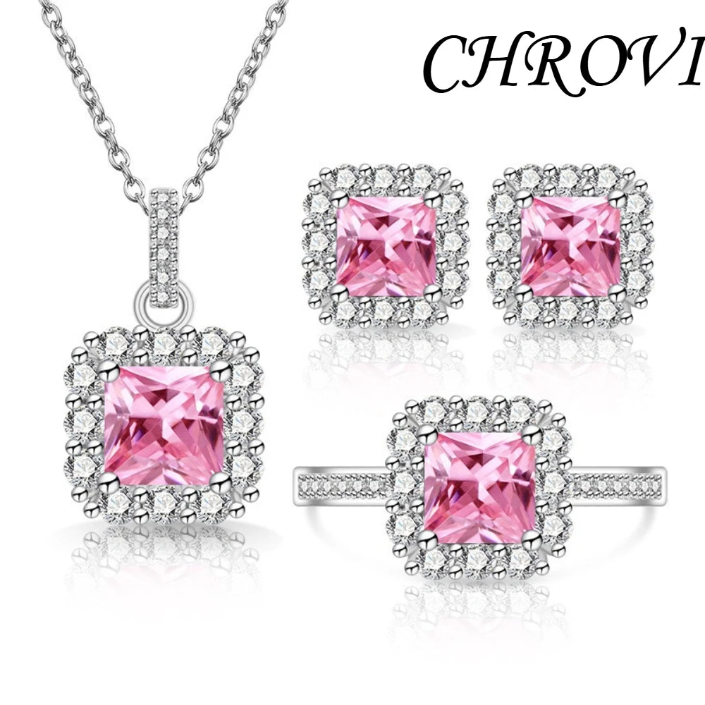 Luxury 925 Sterling Silver Gemstone Small Square Beads with Zirconia Necklace, Earrings, Ring Set and Decorative Items
