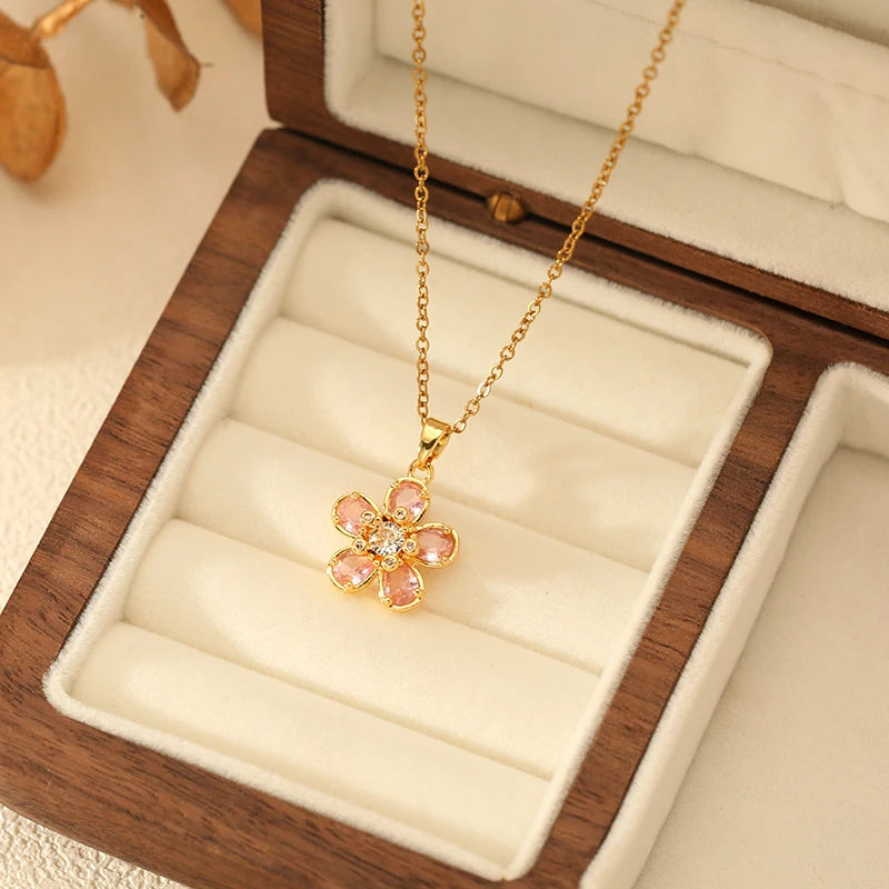 EILIECK Women's Trendy Floral Pink Zirconia Pendant Necklace Stainless Steel Neck Chain Daily Water-resistant Jewelry Lady Gift