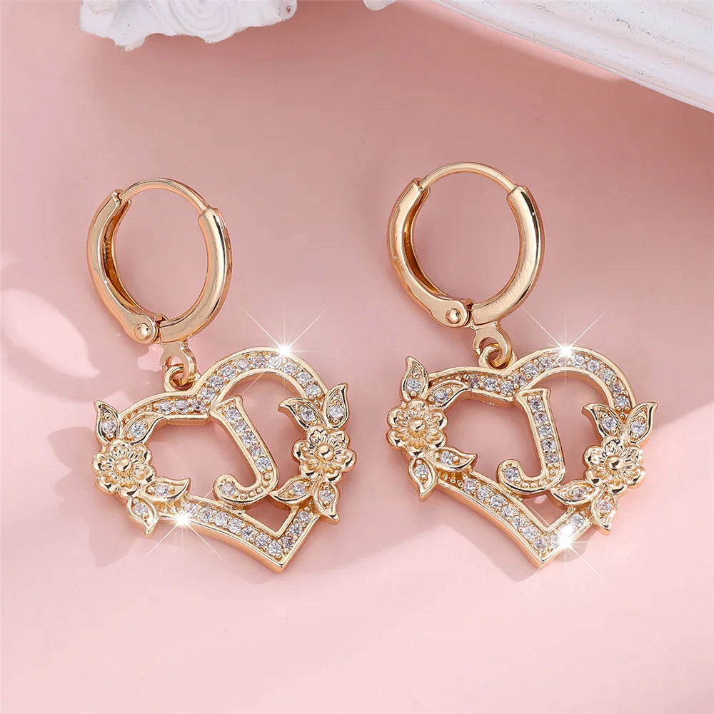 Female A-Z 26 Letter Heart Flower Hoop Earrings Yellow Gold Color White Zircon Wedding Jewelry For Women