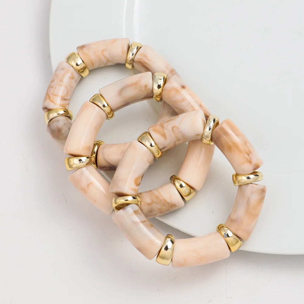 3pcs Fashion Chunky Tube Beaded Elastic Bangle Bracelets Acrylic Marbled Geometric Curved Beaded Bracelet Vintage Jewelry Gifts