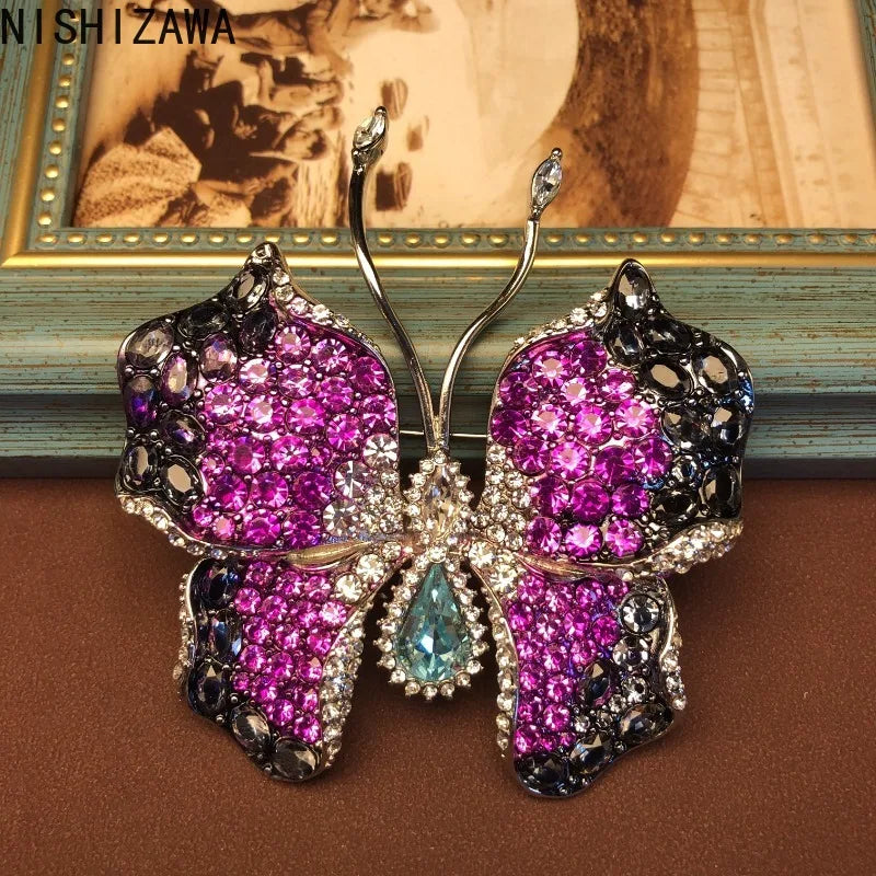 NISHIZAWA Purple Rhinestones Butterfly Brooches for Women Exquisite Shiny Jewelry Luxury Vintage Dinner Party Clothing Pins