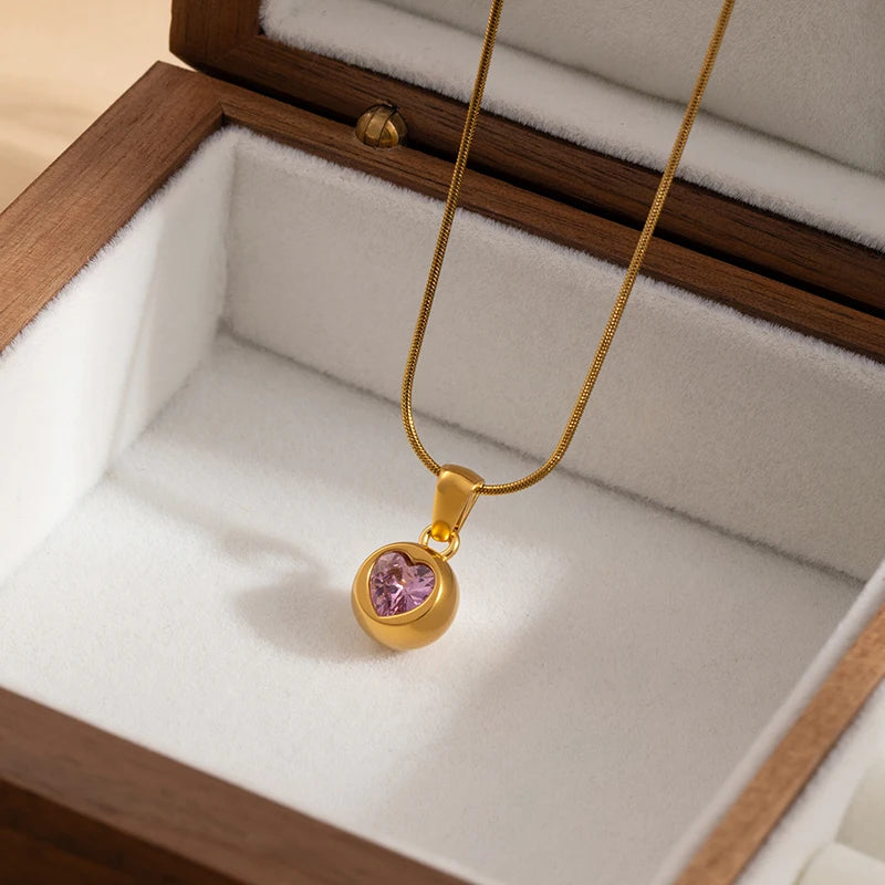 ANENJERY 316L Stainless Steel Round Bead Inlaid Heart Zircon Necklace For Women Luxury Design Simple Jewelry Gifts Wholesale