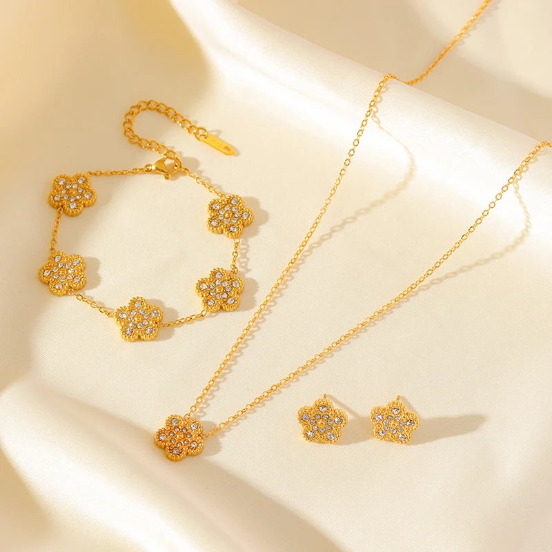 EILIECK New Fashion Stainless Steel Pink Zircon Clover Necklace Bracelet Earrings Set For Women Trendy Flower Jewelry Set Gift