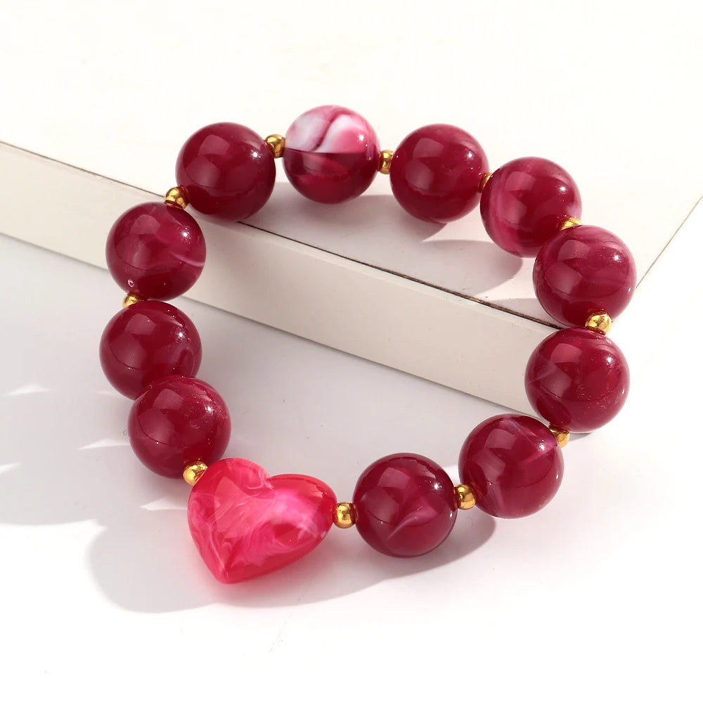 Trendy Acrylic Round Heart Beads Elastic Bangle Bracelets Resin Colorful Geometric Beaded Stretch Bracelet Women Charm Jewelry