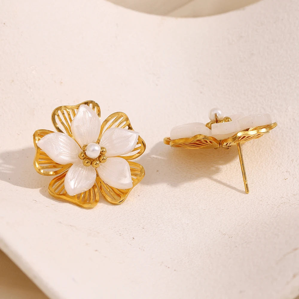 E.B.belle Double Layer Shell Flower Stud Earring PVD Plated Stainless Steel Waterproof Hypoallergenic Women Jewelry Accessories