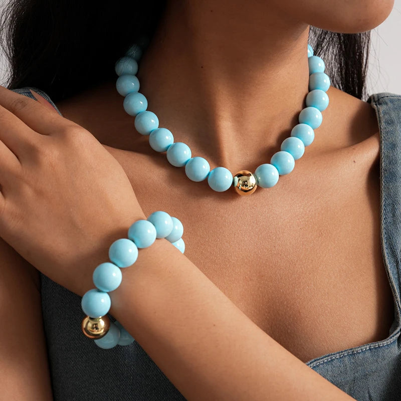 Colorful Acrylic Beads Choker Necklace and Bracelet Sets for Women Statement Jewelry Gift Accessories Fashion