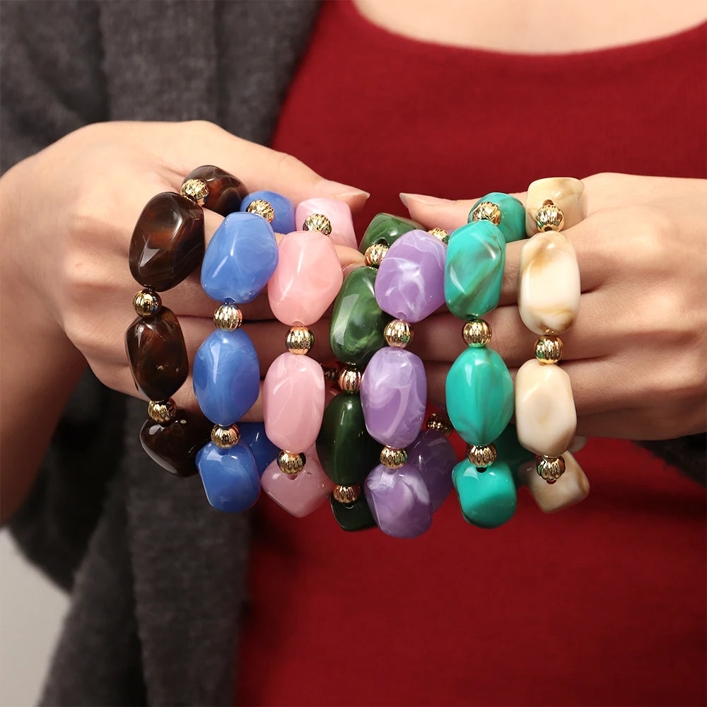Fashion Acrylic Marbled Irregular Geometry Beads Stretch Bracelet Elegant Colorful Cuff Bangle Bracelets 2026 Trendy Jewelry