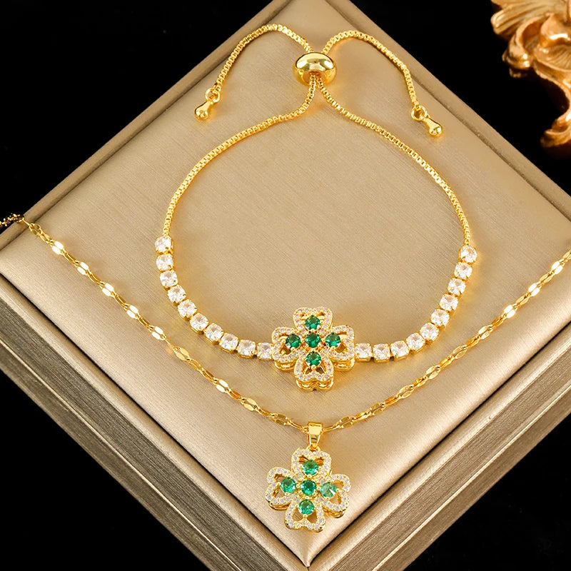 EILIECK New Fashion Stainless Steel Rotating Green Clover Zircon Necklace Bracelet Set For Women Trendy Waterproof Jewelry Gift