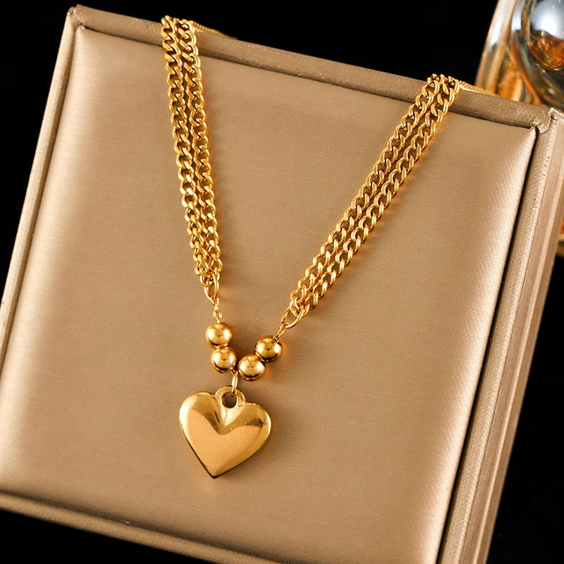 EILIECK 316L Stainless Steel Heart Love Pendant Necklace Statement Golden Glossy Thick Chunky Collar Dangle Neck Chain Jewelry