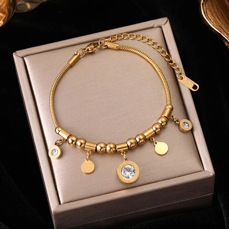 EILIECK 316L Stainless Steel Water Drop Zircon Butterfly Hexagram Charm Bracelet For Women Trend Fashion Gold Color Jewelry Gift