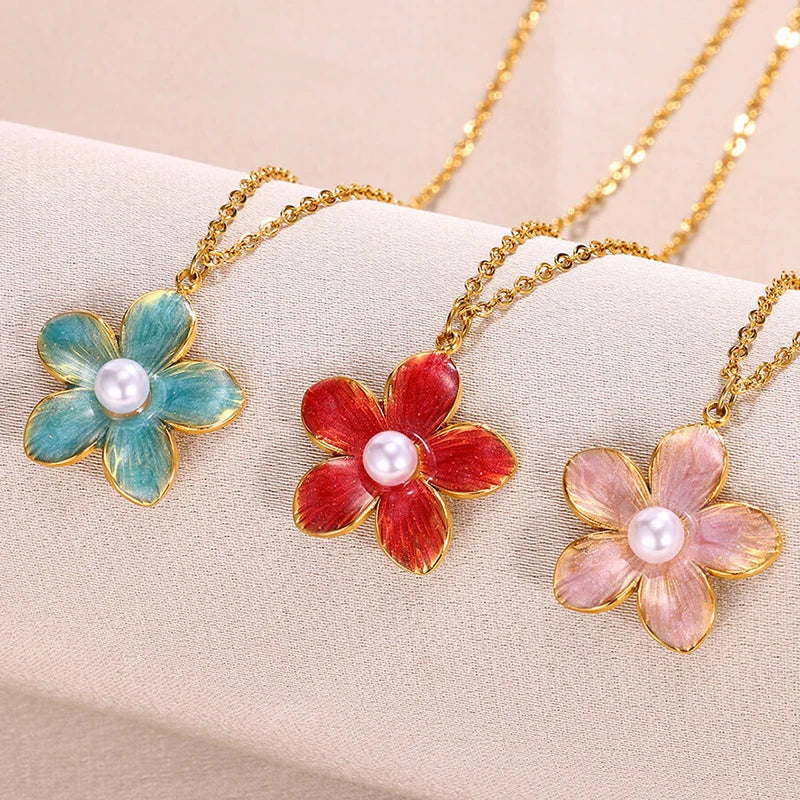 ANENJERY 316L Stainless Steel Enamel Colorful Flower Pearl Pendant Necklace For Women Sweet French Luxury Jewelry Gift Wholesale
