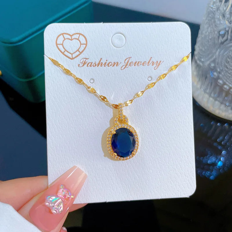 Korean Style Fashion Square Zircon Stainless Steel Necklaces For Women Luxury Elegant Female Clavicle Chain Jewelry Wholesale